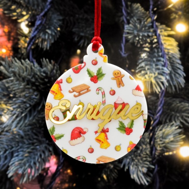 Bola de Navidad Personalizada Motivos Navideños en Metacrilato Blanco y Espejo Dorado